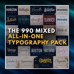 Può includere: Una collezione digitale di tipografie che mostra una griglia di vari stili e nomi di caratteri, tra cui Horizon, Bellagia, Bravella, Wildstone, Modernix, The Authentic, Luxoria, Amoretta, Ranger, Minimalist, Vintage, Blooming, Boston, Northwind, Lovely, Valentina, Typewriter, Graffiti ed Elegantia. Il testo centrale recita THE 990 MIXED ALL-IN-ONE TYPOGRAPHY PACK.