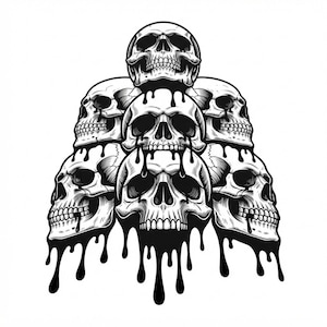 May include: A black and white graphic illustration featuring a pyramid arrangement of five human skulls. Each skull is depicted with detailed shading and thick, dark liquid dripping from the eye sockets and jaws, creating a cohesive, layered design.