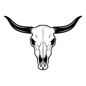 May include: A black and white graphic illustration of a bull skull featuring long, curved horns. The design uses bold black outlines and solid black shading to define the bone structure, eye sockets, and nasal cavity against a white background.