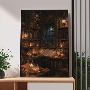 May include: A framed wall art print depicting a dark, cozy library interior at night. The scene features floor-to-ceiling wooden bookshelves filled with books, hanging lanterns, climbing ivy, a central open book, and glowing candles on a desk.