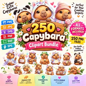 Puede incluir: Un paquete de imágenes prediseñadas digitales con 250 ilustraciones de capibaras. El gráfico principal muestra tres capibaras disfrazados con el texto 250 Capybara Clipart Bundle. Debajo hay varios personajes capibara con accesorios.