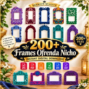 Op de afbeelding: Een digitale collectie van meer dan 200 decoratieve lijsten en nicho-ontwerpen met complexe bloem-, vlinder- en geometrische patronen in blauw, paars, rood, groen en taling, gelabeld als 200+ Frames Ofrenda Nicho.