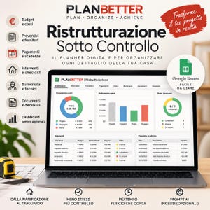 Può includere: Un pianificatore digitale per ristrutturazioni visualizzato su uno schermo di un portatile, che mostra una dashboard di Google Sheets con grafici, monitoraggio dei costi e scadenze. L'interfaccia include sezioni per budget, spese e stato lavori.