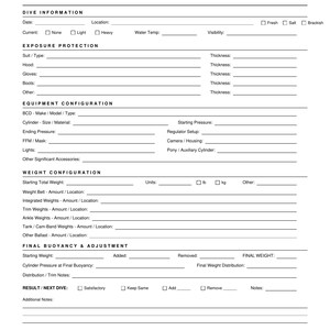May include: A black and white printed log sheet titled The Lightkeeper's Library Scuba Series Buoyancy & Weighting Log. The document features sections for dive information, exposure protection, equipment configuration, and weight configuration.