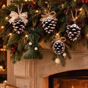 Puede incluir: Una colección de adornos navideños colgantes que incluye cuatro piñas con escamas de puntas blancas y una forma de árbol de tela verde oscuro. Las piñas están decoradas con lazos de cuerda y moños de encaje, yute o tela oscura, y el árbol tiene cuentas.