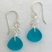 Sterling Silver and Aqua Sea Glass Earrings, zig zag and triangle