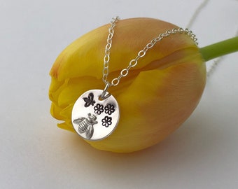 BEE NECKLACE, Sterling Silver Charm,  Bees & Flowers, Pendant, Bumblebee, Honeybee, Apiarist, Adjustable Chain, Gift for Nature Lover...