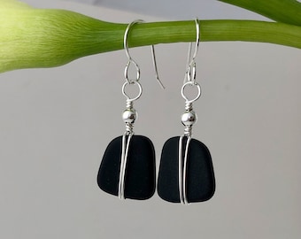 SILVER & BLACK Sea Glass Earrings, Sterling Silver, Black Beads, Beach Glass, Dangle, Dress-Up or Down, Gift for Women, Mother, Daughter