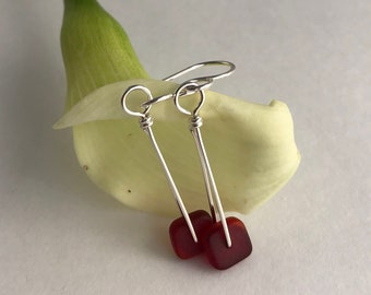 Sterling Silver and Red Sea Glass, Small Square Dangle,  Red Beach Glass, Light Weight, Everyday Earrings, Gift Christmas - Valentines Day