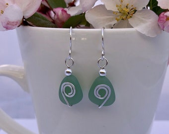 Sterling Silver and Green Sea Glass Earrings, Fun - Modern Earrings, Great Reminder of the Ocean - Sea - Beaches, Summer Vacations