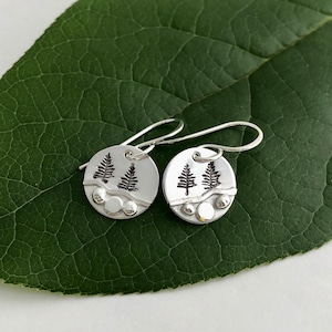 Hand Stamped Sterling Silver Pine Tree Earrings, Maine Made
