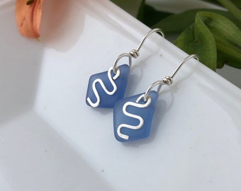 BLUE & SILVER SEA Glass Earrings, Light Blue, Sterling Silver, Beach Glass, Short, Lightweight, Dangle, Great Gift, Easy Going, Handcrafted