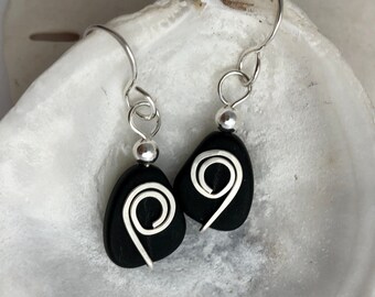 SILVER & BLACK SEA Glass Earrings, Sterling Silver, Lightweight Short Dangle, Swirls, Beach Glass, Flattering Style, Hand Wrapped, Sassy