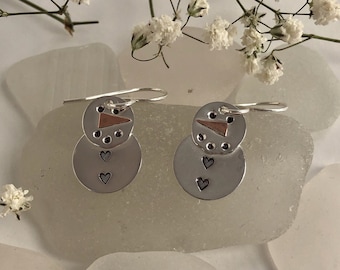 Snowman Earrings with Hearts, Sterling Silver, Hand Stamped,Love of Snowman,Valentines Day Gift, Winter Earrings, Handmade in Maine, Snowmen