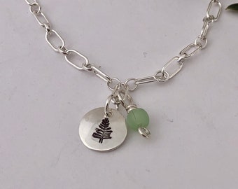 PINE TREE CHARM Bracelet, Sterling Silver, With Green Glass Bead, Long and Short Oval Chain, Pine Tree State, Lover of the Woods, Great Gift