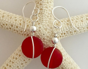 Sterling Silver and Red Sea Glass Earrings, small dangle, round with straight wire wrapped beach glass, short, Christmas and Valentines Day