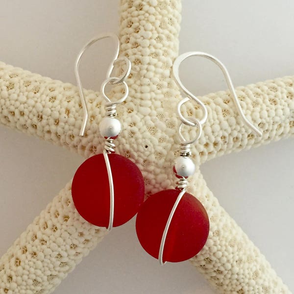 Sterling Silver and Red Sea Glass Earrings, small dangle, round with straight wire wrapped beach glass, short, Christmas and Valentines Day