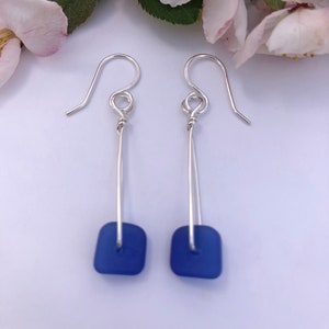 Sterling Silver and Blue Sea Glass Earrings, Dark Blue Beach Glass, Light Weight Dangle, Simple yet Elegant, Gift for Yourself...