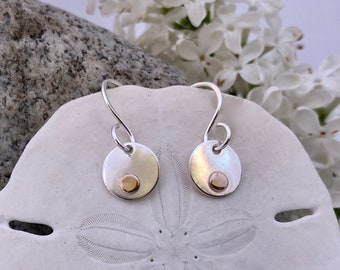 Two-Tone Dot Earrings, Sterling Silver and Gold, Petite, Short Dangle, Simply Sweet, Handmade in Maine, Gold on Silver, Gift for Teen, Girl.