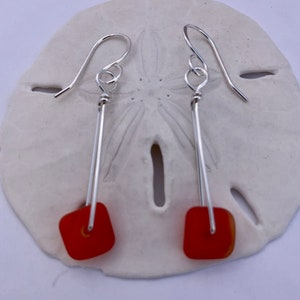 Sterling Silver Orange Sea Glass Earrings, Handmade Dangle Earrings