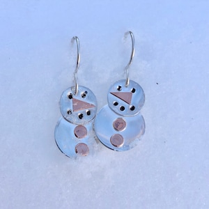 Handmade Sterling Silver Snowman Earrings, Copper Accent