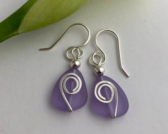 SILVER & PURPLE SEA Glass Earrings, Sterling Silver, Hand Wrapped, Beach Glass, Sea Wave, Ocean, Light Purple, Lightweight Dangle, Gift for