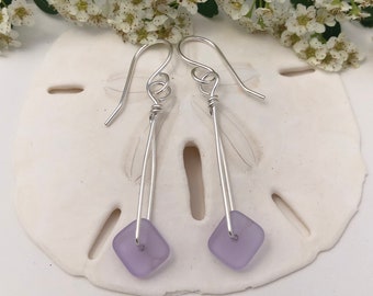 Sterling Silver and Purple Sea Glass Earrings, beach glass dangle, medium length, light weight, vacation wear, beach wear, everyday wear