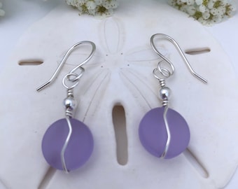 Sterling Silver and Purple Sea Glass Earrings, round beach glass with zig zag wire wrap, small short light weight dangle, everyday, casual