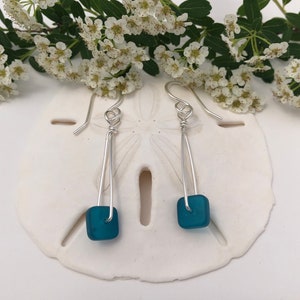 Sterling Silver and Teal Sea Glass Earrings, dark aqua beach glass earrings, mid-length dangle, light weight earrings, summer earrings