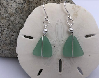 Sterling Silver and Green Sea Glass Earrings, Light Green Beach Glass, Triangle Shaped, Silver Wire Wrapped, Gift for Christmas - Birthday..