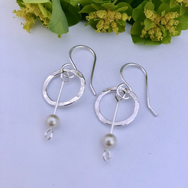 Pearls, Circles and Wires - Sterling Silver Earrings, Lovely and Elegant, Hammered Silver Circles with a Pearl Dangle, Gift for Mother, OR..