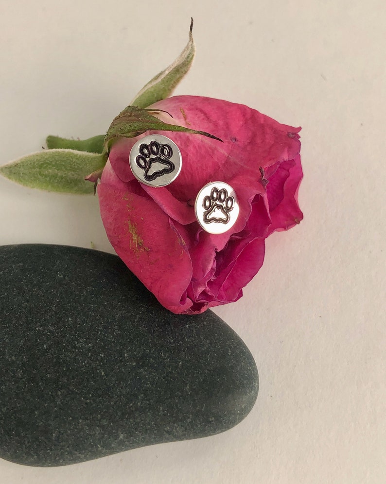 Paw Print Post Earrings, Sterling Silver, Hand Stamped, Stud Earrings, Dog Lover, Cat Lover, Gift for Animal Lover, Animal Jewelry image 8