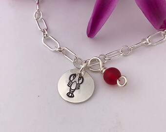 LOBSTER CHARM BRACELET, Sterling Silver, Red Glass Bead, Long & Short Oval Chain, Lobster Lover, Hand Stamped, Handmade in Maine, Great Gift