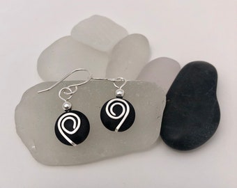 Sterling Silver and Black Sea Glass Earrings, small light weight dangle with silver swirls, wire wrapped, beach glass, sea waves, ocean