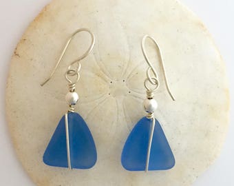 Sterling Silver and Light Blue Triangle Sea Glass Earrings, Blue Beach Glass with silver wire straight wrap, Winter Blue, Whimsical & Fun