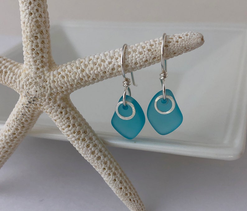 AQUA SEA GLASS & Sterling Silver Earrings, Aquamarine, Beach Glass, Small, Petite, Dangle, Feminine, Flattering Design, Birthday Gift image 4