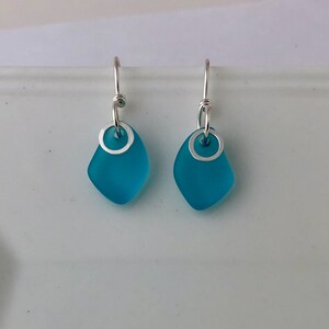 AQUA SEA GLASS & Sterling Silver Earrings, Aquamarine, Beach Glass, Small, Petite, Dangle, Feminine, Flattering Design, Birthday Gift image 5