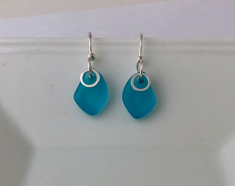 AQUA SEA GLASS & Sterling Silver Earrings, Aquamarine, Beach Glass, Small, Petite, Dangle, Feminine, Flattering Design, Birthday Gift image 5