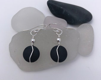 Sterling Silver and Black Sea Glass Earrings. round beach glass with zig zag wire wrap, light weight dangle, short, great gift for loved one