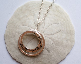 Three Circles Necklace, Sterling Silver and Fine Silver, pendant of circles, sterling silver chain, everyday wear, evening wear, great gift