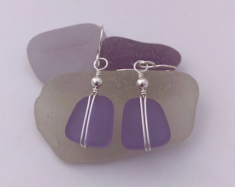 Sterling Silver & Purple Sea Glass Earrings, Wire Wrapped, Light Purple Beach Glass, Light Weight Dangle, Gift for Mother, Friend, Birthday