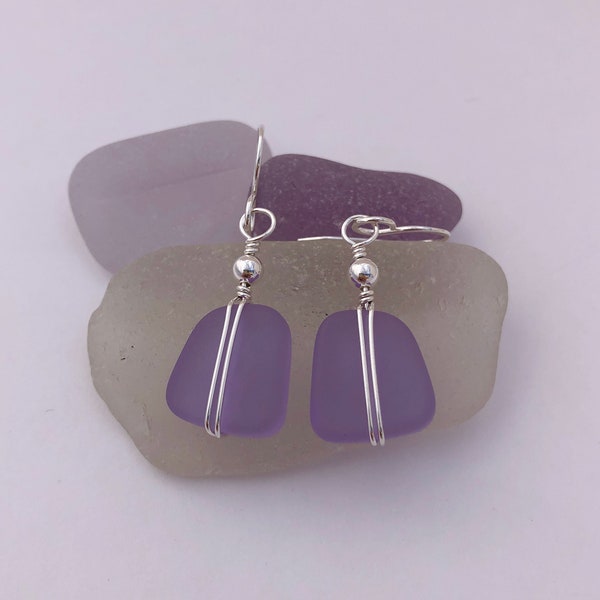 Sterling Silver & Purple Sea Glass Earrings, Wire Wrapped, Light Purple Beach Glass, Light Weight Dangle, Gift for Mother, Friend, Birthday