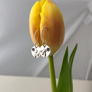 BEE EARRINGS, Sterling Silver, Bees & Flowers, Love for Nature, Handmade in Maine, Gift, Birthday, Mother, Grandmother, Woman, Short Dangle image 5