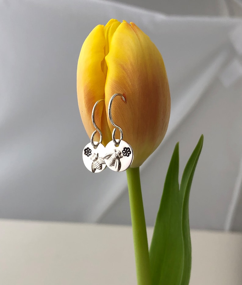 BEE EARRINGS, Sterling Silver, Bees & Flowers, Love for Nature, Handmade in Maine, Gift, Birthday, Mother, Grandmother, Woman, Short Dangle image 5