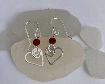 Heart Earrings, Sterling Silver with Red Sea Glass Beads, Beach Glass, Heart Swirls, Valentine's Day, Gift for Loved One, More Colors Avail.