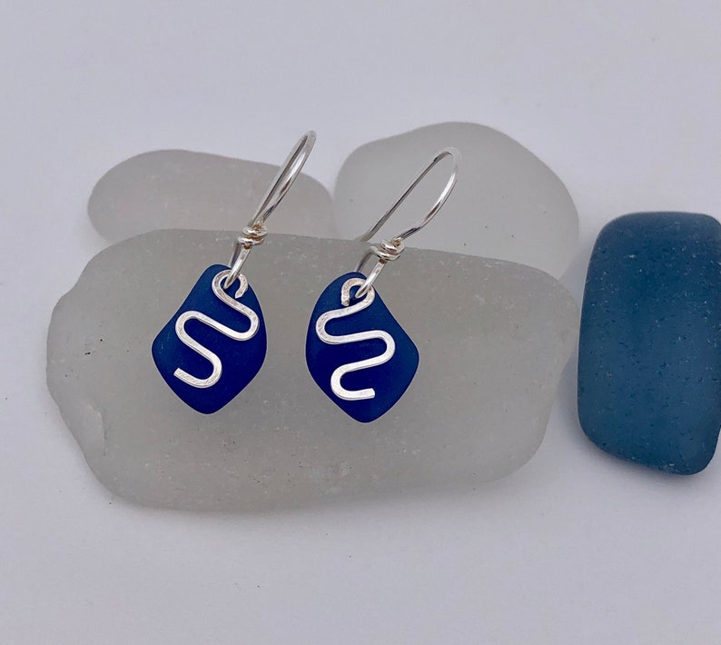 Short-Light-Weight Dangle Light and Easy Sterling Silver and Dark Blue Sea Glass Petite.. ZigZag Dangles a Top the Cobalt Beach Glass