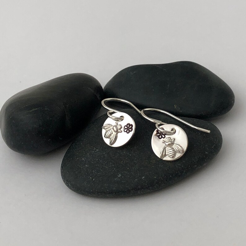 BEE EARRINGS, Sterling Silver, Bees & Flowers, Love for Nature, Handmade in Maine, Gift, Birthday, Mother, Grandmother, Woman, Short Dangle image 9