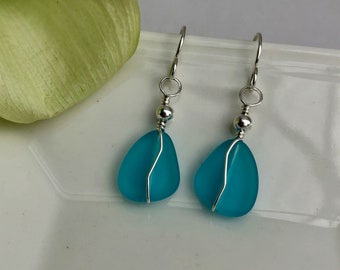 AQUA & SILVER SEA Glass Earrings, Aquamarine, Light Aqua, Sterling Silver, Beach Glass, Light Weight, Short Dangle, Gift for Mom, Birthday