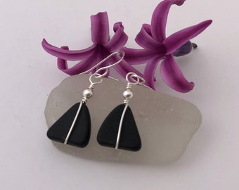 BLACK SEA GLASS & Sterling Silver Earrings, Beach Glass, Wire Wrapped, Handmade, Great Gift for Mom, Sister, Daughter, Friend... Lightweight