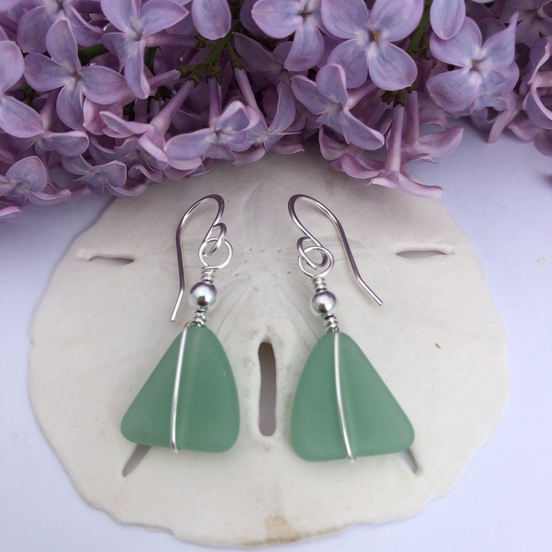 Sterling Silver and Green Sea Glass Earrings, Light Green Beach Glass, Triangle Shaped, Silver Wire Wrapped, Gift for Christmas Birthday.. image 5